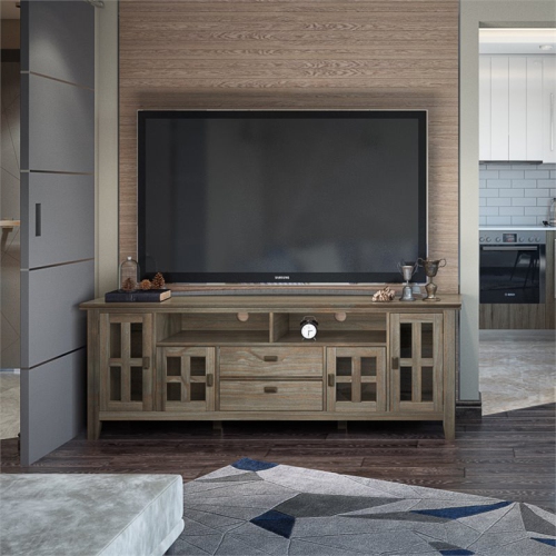Simpli Home Artisan Wood 72" Transitional TV Media Stand in Gray For TVs up to 80"