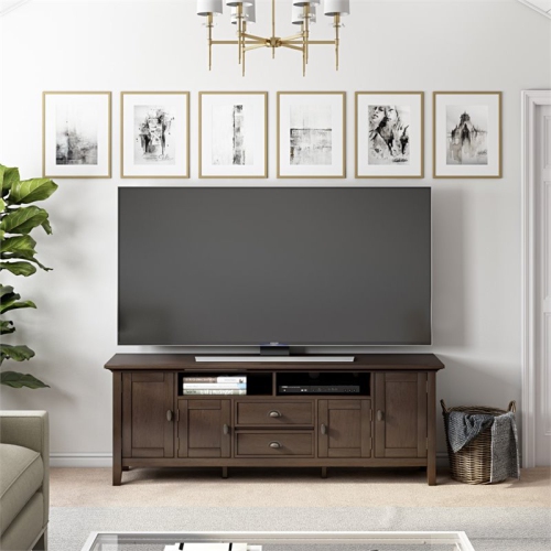 Simpli Home Redmond Wood 72" Transitional TV Media Stand in Brunette Brown For TVs up to 80"
