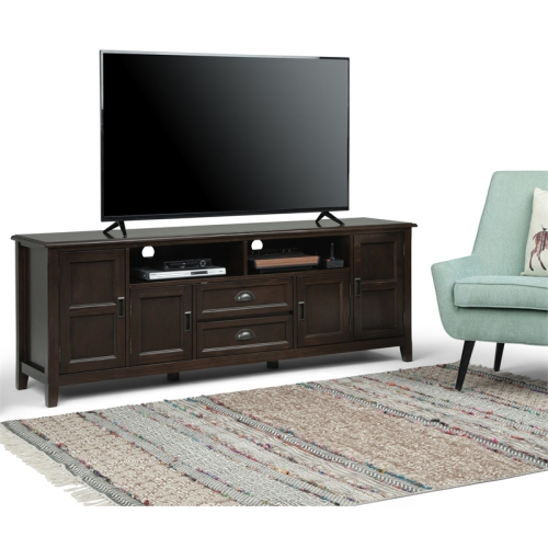 Simpli Home Burlington Wood 72" Transitional TV Media Stand in Mahogany Brown For TVs up to 80"