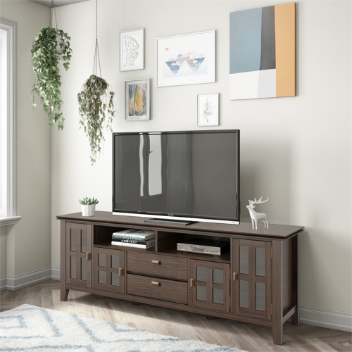 Simpli Home Artisan Wood 72" Transitional TV Media Stand in Farmhouse Brown For TVs up to 80"