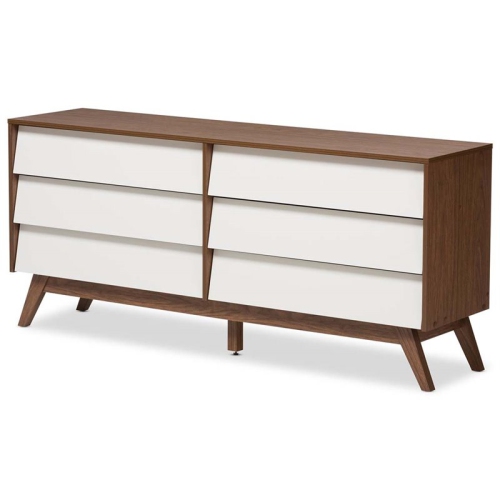 Baxton Studio Hildon 6 Drawer Double Dresser in White and Walnut Brown