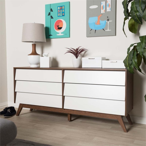 Baxton Studio Hildon 6 Drawer Double Dresser in White and Walnut Brown