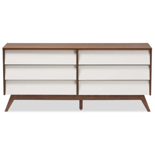 Baxton Studio Hildon 6 Drawer Double Dresser in White and Walnut Brown