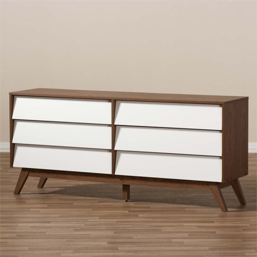 Baxton Studio Hildon 6 Drawer Double Dresser in White and Walnut Brown