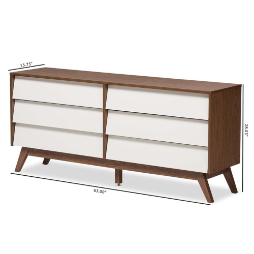 Baxton Studio Hildon 6 Drawer Double Dresser in White and Walnut Brown
