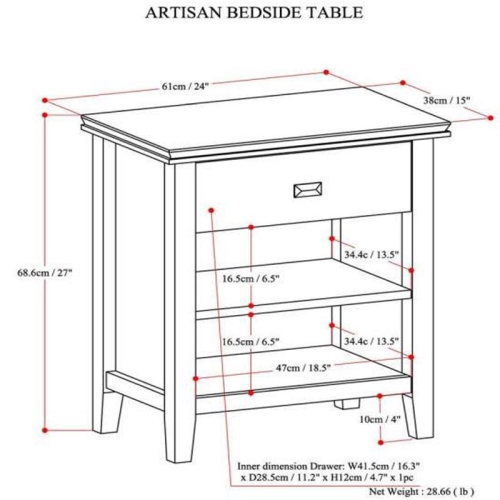 Simpli Home Artisan Wood 24" Transitional Bedside Nightstand Table in Russet Brown