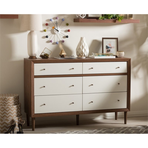 Baxton Studio Harlow 6 Drawer Double Dresser in White and Walnut