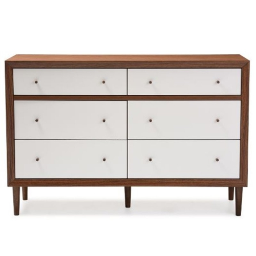 Baxton Studio Harlow 6 Drawer Double Dresser in White and Walnut