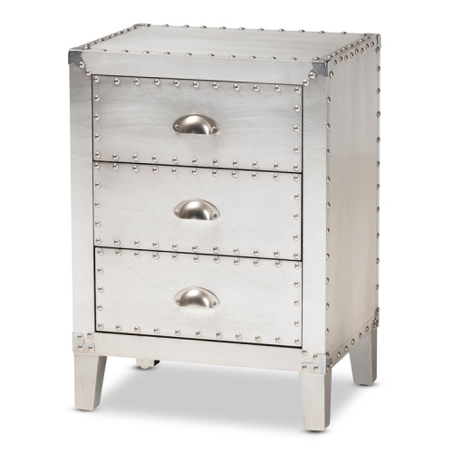 BAXTON STUDIO  Claude French Industrial Metal 3-Drawer End Table In Silver