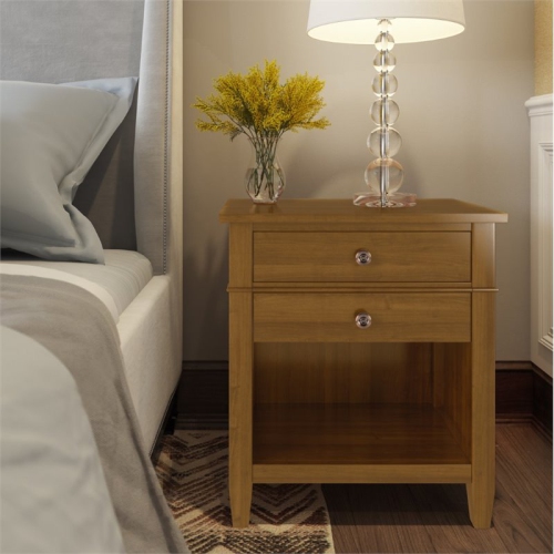 Simpli Home Carlton Wood 24" Transitional Bedside Nightstand Table in Light Golden Brown