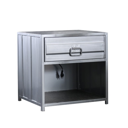 FURNITURE OF AMERICA  Hazier Industrial Metal Nightstand In Hand-Brushed Silver