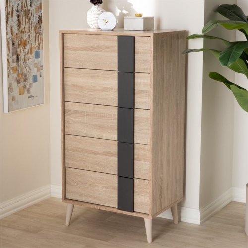 Bowery Hill 5 Drawer Modern Chest in Light Oak and Grey