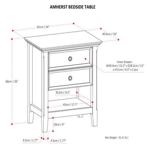 Simpli Home Amherst Wood 24" Transitional Bedside Nightstand Table in Hickory Brown