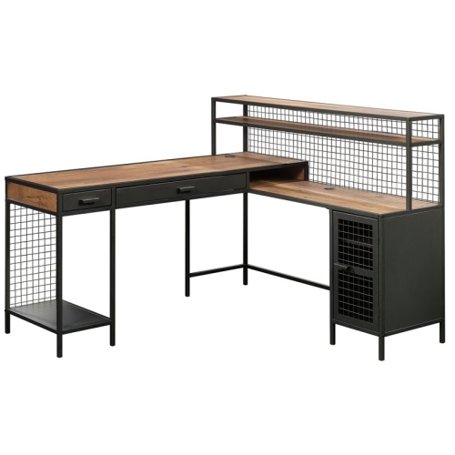 SAUDER  Boulevard Cafe Mid-Century Metal L-Shape Computer Desk In Vintage Oak Strong construction, all supports are metal to metal, and the metal netting makes for a great place to hang pictures