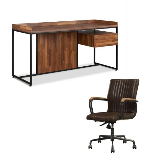 ACME FURNITURE  Sara 2 Piece Home Office Desk And Leather Rustic Swivel Office Chair Set
