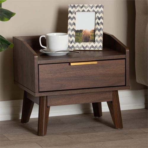 Baxton Studio Mid-Century Lena 1-Drawer Wood Nightstand in Walnut Brown