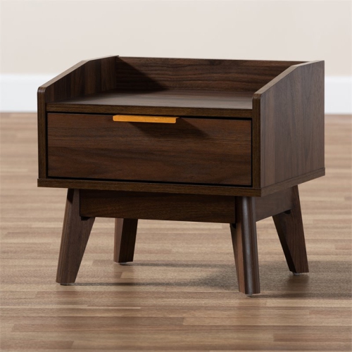 Baxton Studio Mid-Century Lena 1-Drawer Wood Nightstand in Walnut Brown