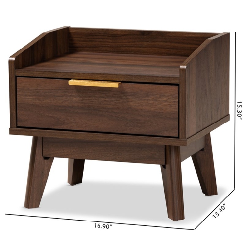 Baxton Studio Mid-Century Lena 1-Drawer Wood Nightstand in Walnut Brown