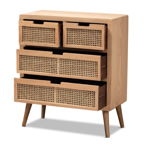 Baxton Studio Alina Medium Oak Finished Wood and Rattan 4-Drawer Accent Chest