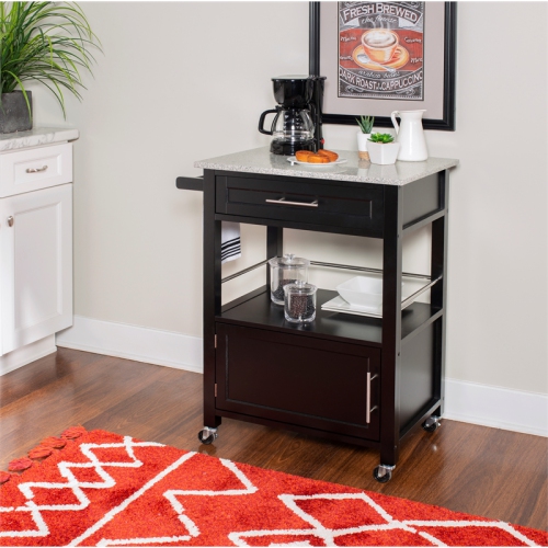 Linon Mitchell Wood Granite Top Kitchen Cart in Black