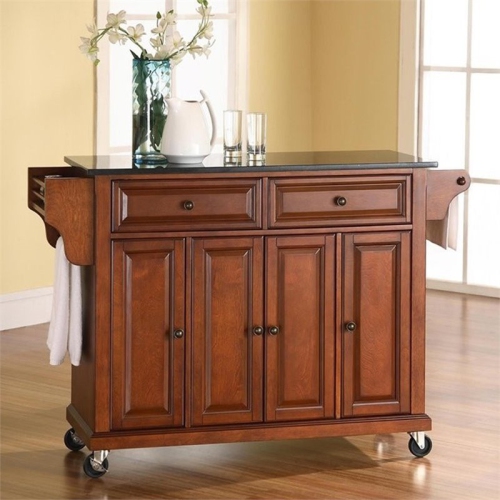 Bowery Hill Solid Black Granite Top Kitchen Cart in Classic Cherry