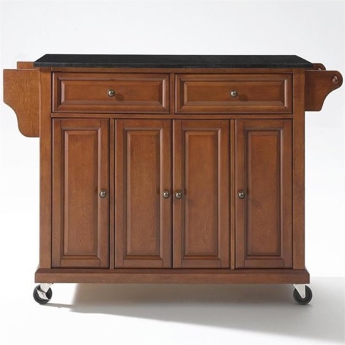 Bowery Hill Solid Black Granite Top Kitchen Cart in Classic Cherry
