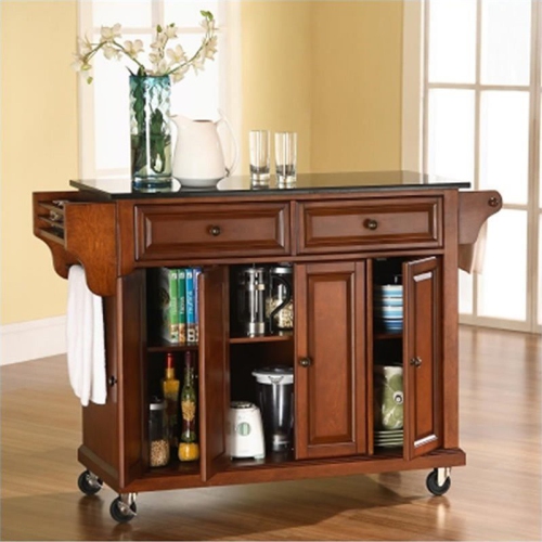 Bowery Hill Solid Black Granite Top Kitchen Cart in Classic Cherry