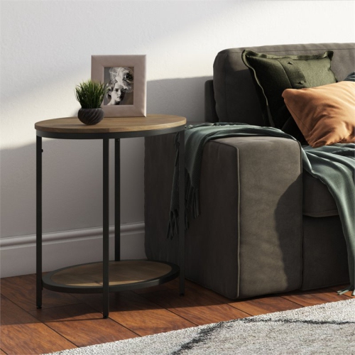 Simpli Home Jenna Industrial 18 " Metal Round Accent Side Table in Warm Gray