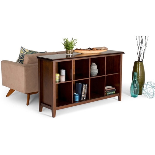 Simpli Home Artisan Wood 57" Transitional 8 Cube Sofa Table in Russet Brown
