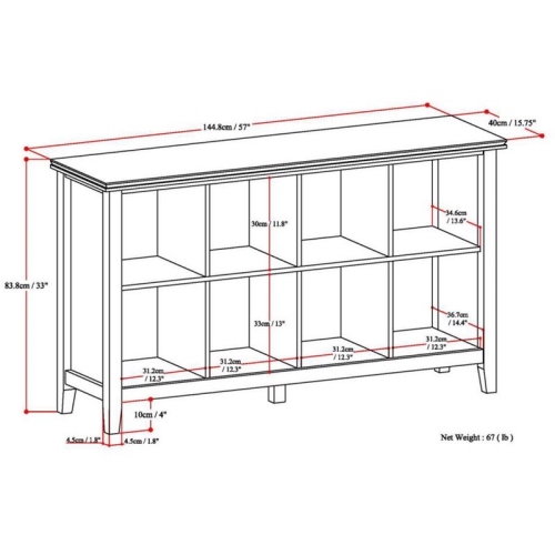 Simpli Home Artisan Wood 57" Transitional 8 Cube Sofa Table in Russet Brown