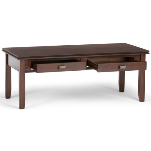 Simpli Home Artisan Wood 46" Rectangle Transitional Coffee Table in Russet Brown