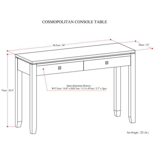 Simpli Home Cosmopolitan Solid Wood Console Table with 2 Drawers Mahogany Brown
