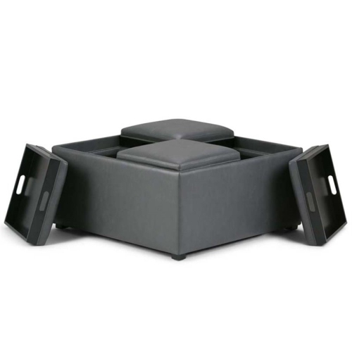 Simpli Home Avalon Square Faux Leather Ottoman in Stone Gray