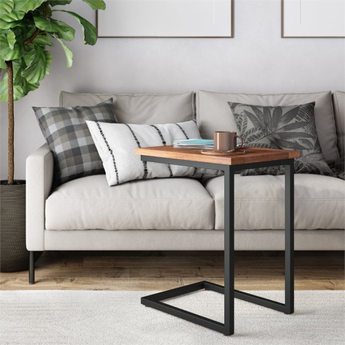 Simpli Home Skyler 20" Metal C Side Table with Wood Top in Dark Cognac Brown