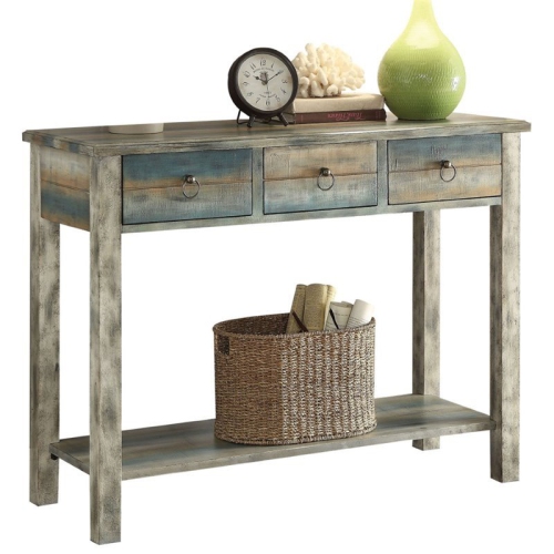 ACME FURNITURE  Acme Glancio 3 Drawers Wooden Console Table In Antique And Teal In Gray