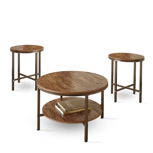 Steve Silver Sedona 3-Piece Round Wood and Metal Coffee Table Set in Brown