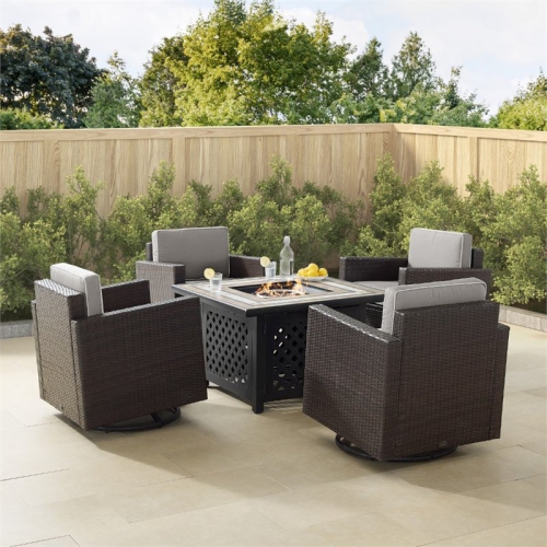 Crosley Palm Harbor 5 Piece Wicker Patio Fire Table Set in Gray and Brown