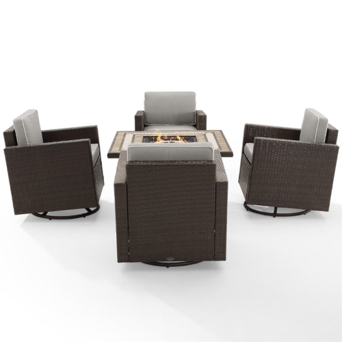 Crosley Palm Harbor 5 Piece Wicker Patio Fire Table Set in Gray and Brown