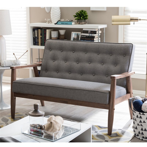 Baxton Studio Sorrento Tufted Loveseat in Gray and Walnut