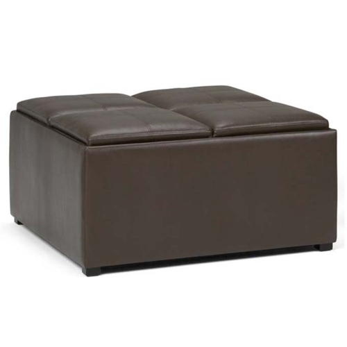 Simpli Home Avalon Square Faux Leather Ottoman in Chocolate Brown