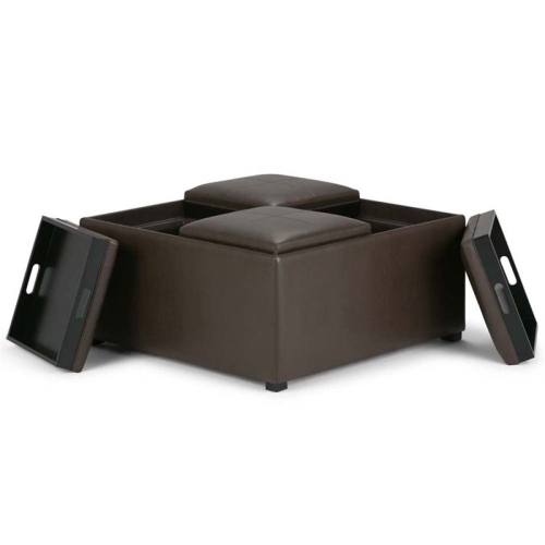 Simpli Home Avalon Square Faux Leather Ottoman in Chocolate Brown