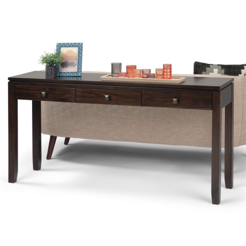 Simpli Home Cosmopolitan Solid Wood Wide Console Sofa Table in Mahogany Brown