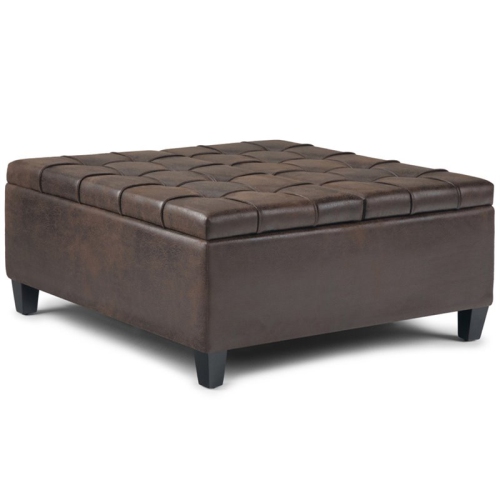 SIMPLI HOME  Harrison 36" Transitional Square Coffee Table Ottoman In Brown Faux Leather