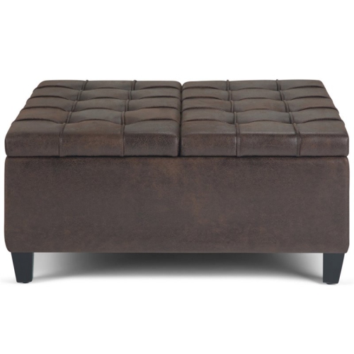 Simpli Home Harrison 36" Transitional Square Coffee Table Ottoman in Brown Faux Leather