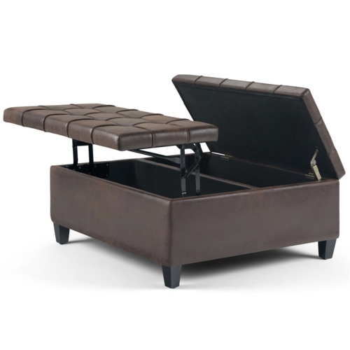 Simpli Home Harrison 36" Transitional Square Coffee Table Ottoman in Brown Faux Leather
