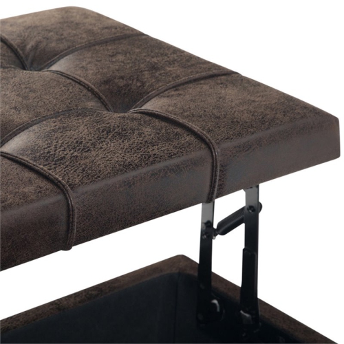 Simpli Home Harrison 36" Transitional Square Coffee Table Ottoman in Brown Faux Leather