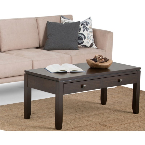 Simpli Home Cosmopolitan Solid Wood Coffee Table with Drawers in Mahogany Brown