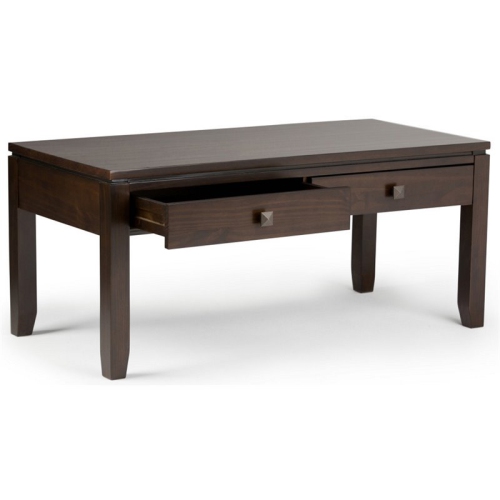 Simpli Home Cosmopolitan Solid Wood Coffee Table with Drawers in Mahogany Brown