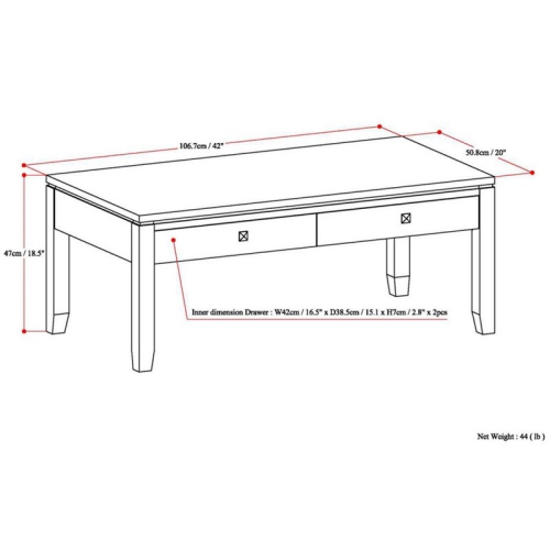 Simpli Home Cosmopolitan Solid Wood Coffee Table with Drawers in Mahogany Brown