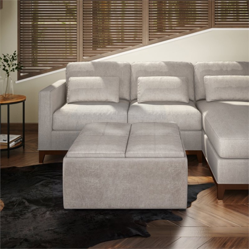 Simpli Home Avalon 35" Square Faux Leather Storage Coffee Table Ottoman in Gray